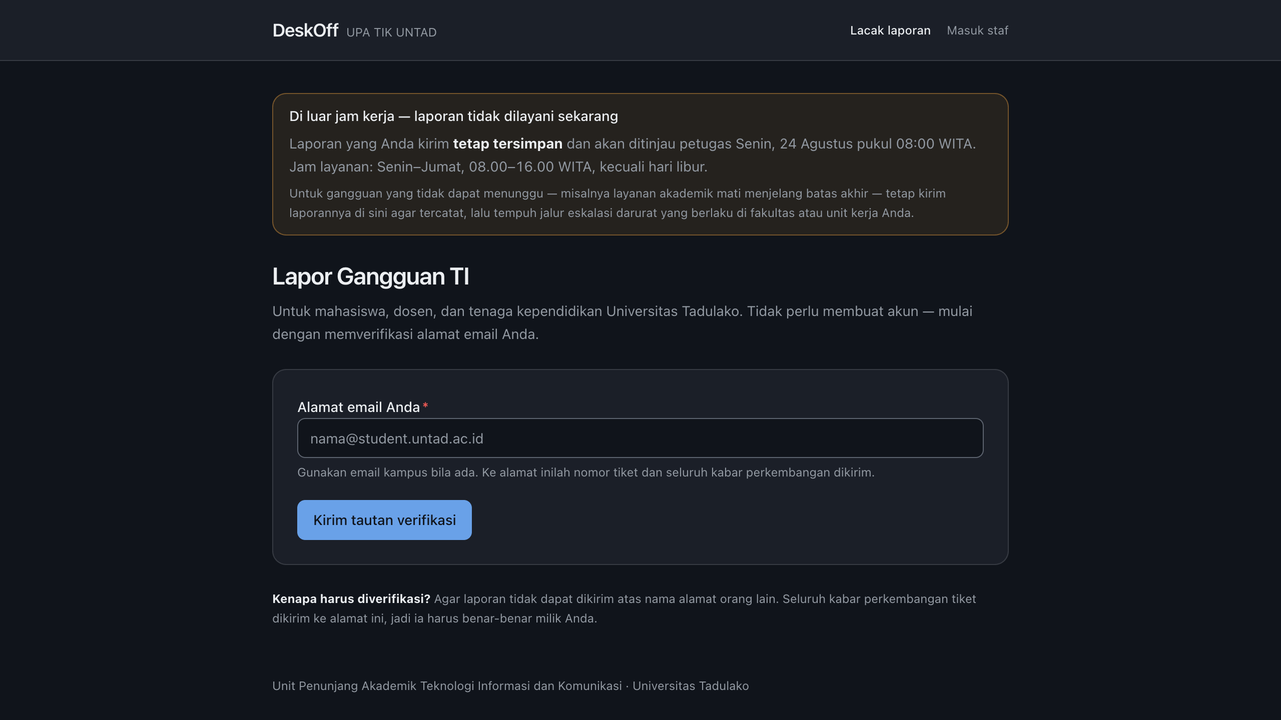 Halaman yang sama di luar jam kerja (DeskOff, tampilan gelap) — laporan tetap dapat dikirim
